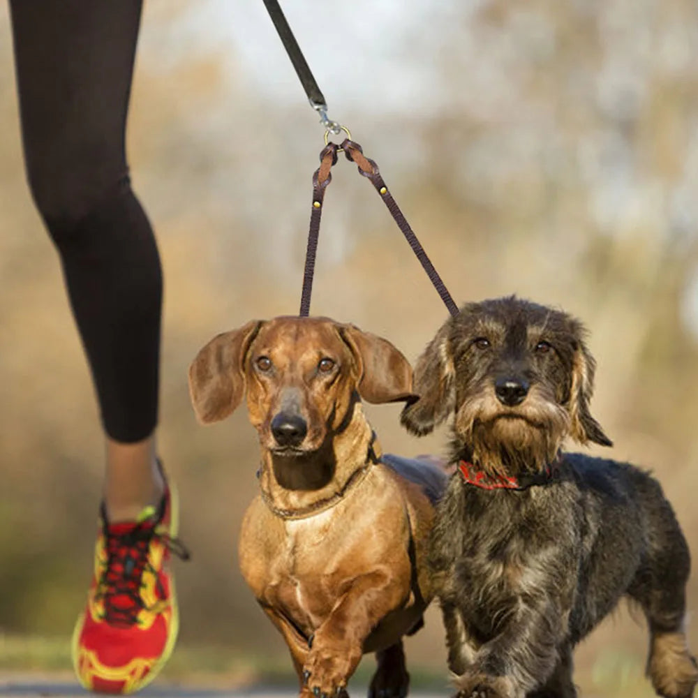 Real Leather Double Dog Leash No Tangle Dual Dog Leashes Coupler Pet Training and Walking Leads for 2 Puppies Small Medium Dogs