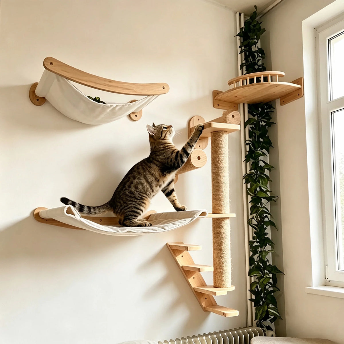 Cat Wall Climbing Shelves Steps and Hammock Bed Tree Tower Space Saving Wall Furniture for Pets Playing Resting Stable Structure