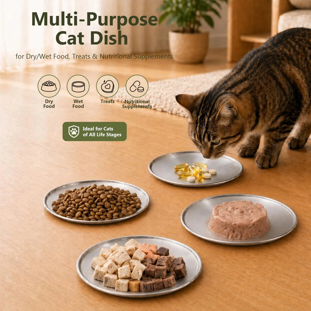 4PCS 6.7" Stainless Steel Shallow Cat Bowls, Whisker Friendly Flat Shallow Wide Design, Food & Water Dishes, Easy to Clean, For Indoor Cats, Kittens & Multicats, Pet Feeding Plates