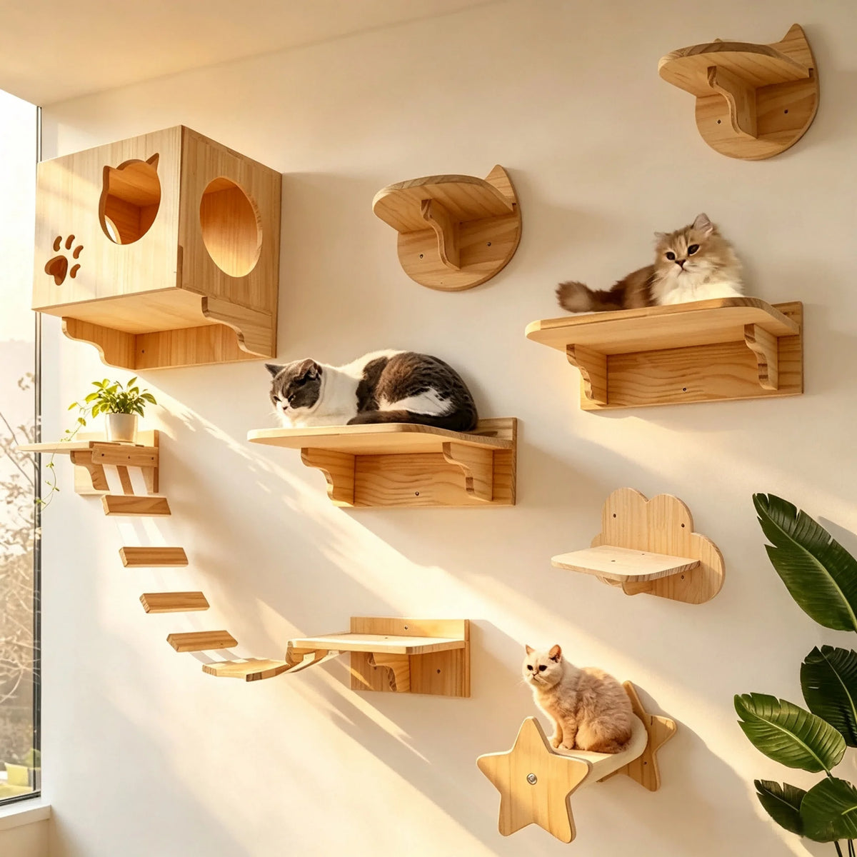 Cat Wall Climbing Shelves Steps and Hammock Bed Tree Tower Space Saving Wall Furniture for Pets Playing Resting Stable Structure