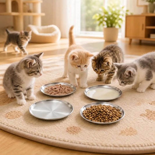 4PCS 6.7" Stainless Steel Shallow Cat Bowls, Whisker Friendly Flat Shallow Wide Design, Food & Water Dishes, Easy to Clean, For Indoor Cats, Kittens & Multicats, Pet Feeding Plates