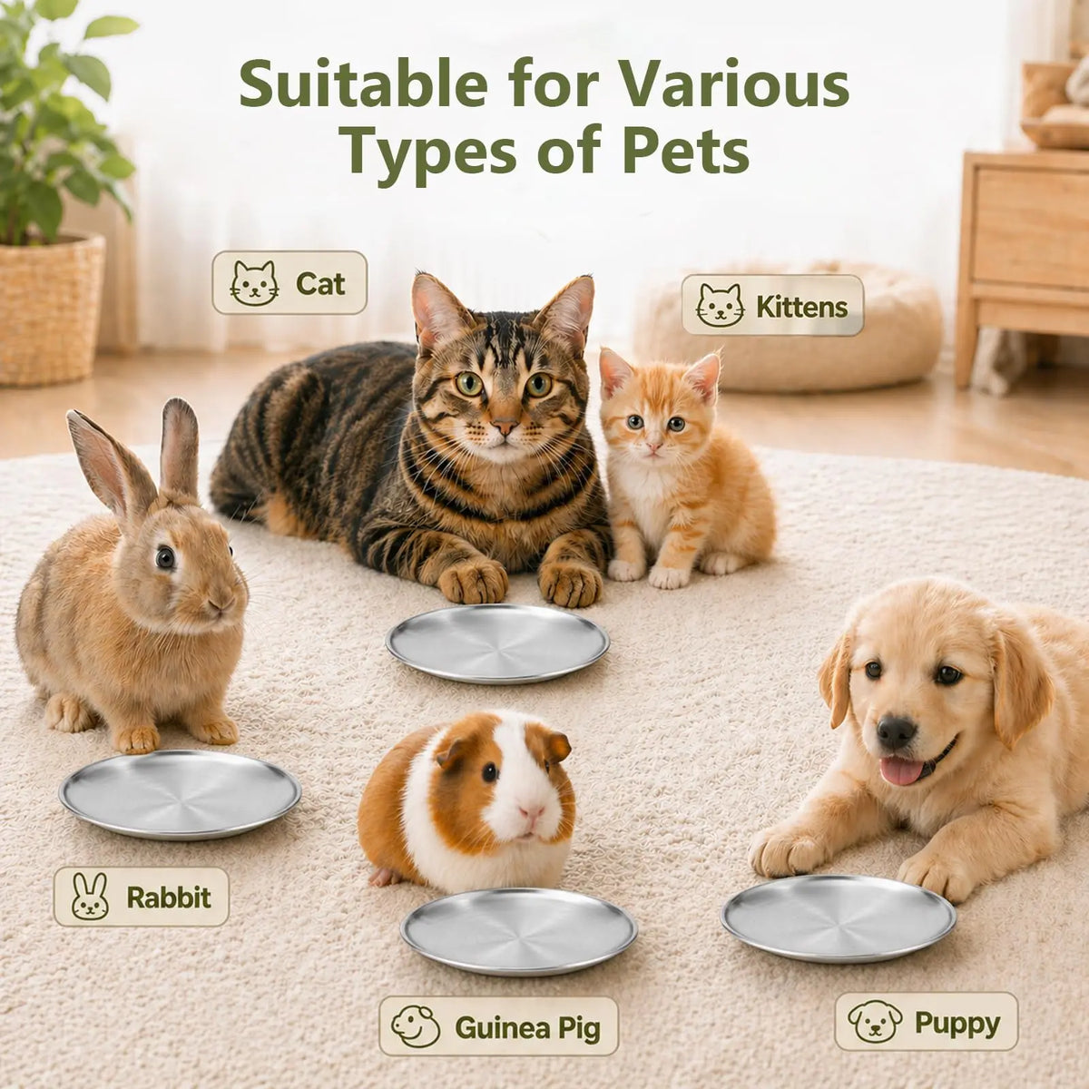 4PCS 6.7" Stainless Steel Shallow Cat Bowls, Whisker Friendly Flat Shallow Wide Design, Food & Water Dishes, Easy to Clean, For Indoor Cats, Kittens & Multicats, Pet Feeding Plates