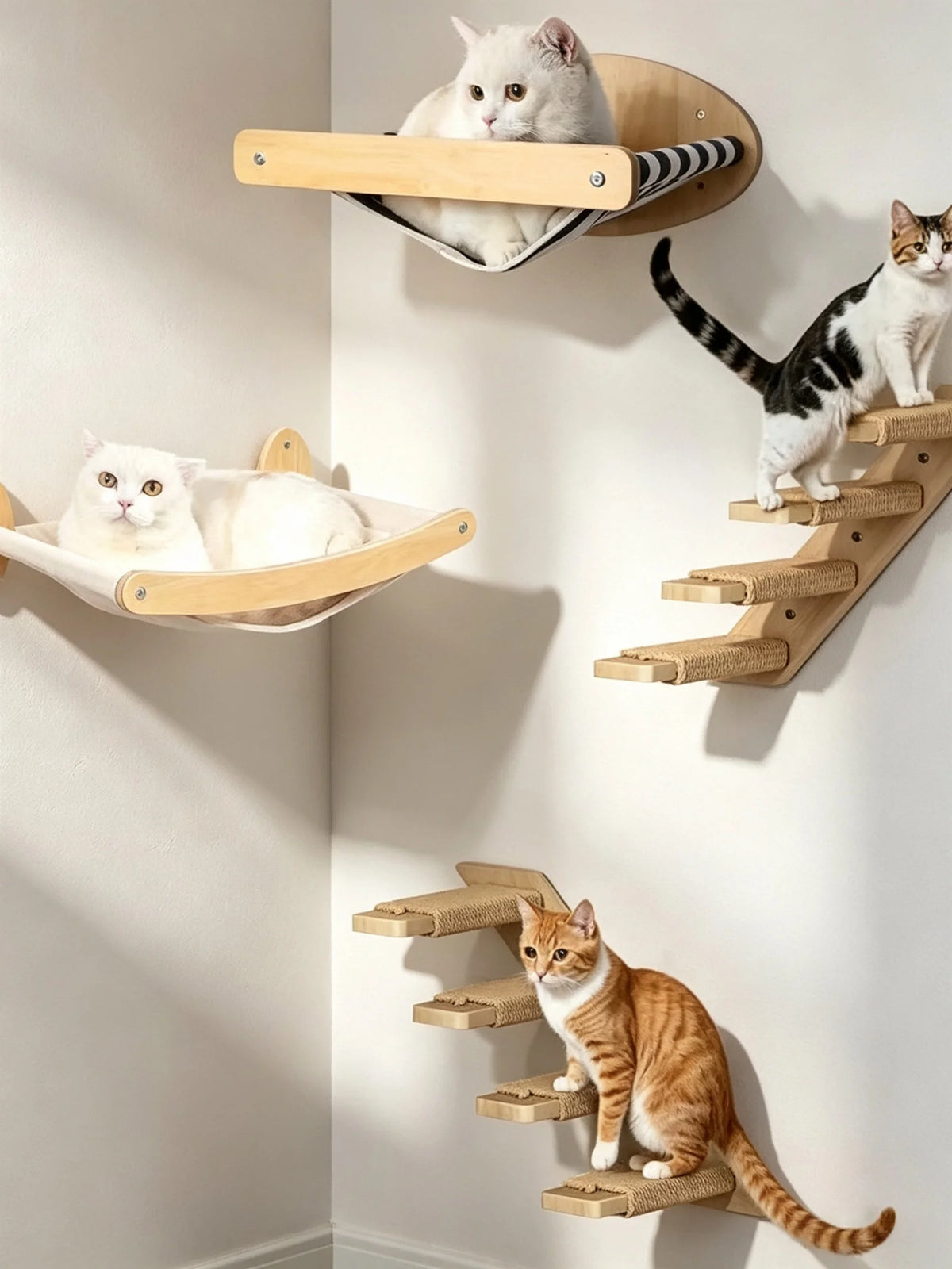 Cat Wall Climbing Shelves Steps and Hammock Bed Tree Tower Space Saving Wall Furniture for Pets Playing Resting Stable Structure