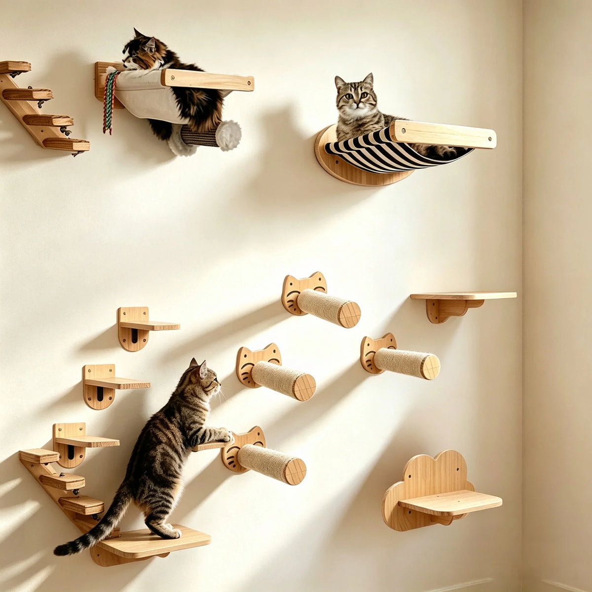 Cat Wall Climbing Shelves Steps and Hammock Bed Tree Tower Space Saving Wall Furniture for Pets Playing Resting Stable Structure
