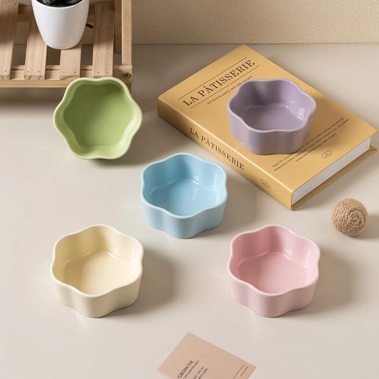 Morandi Color Flower Ceramic Cat Bowl - Anti Black Chin Pet Food Water Dish, Easy Clean Smooth Glaze Dog Bowl for Small Pets