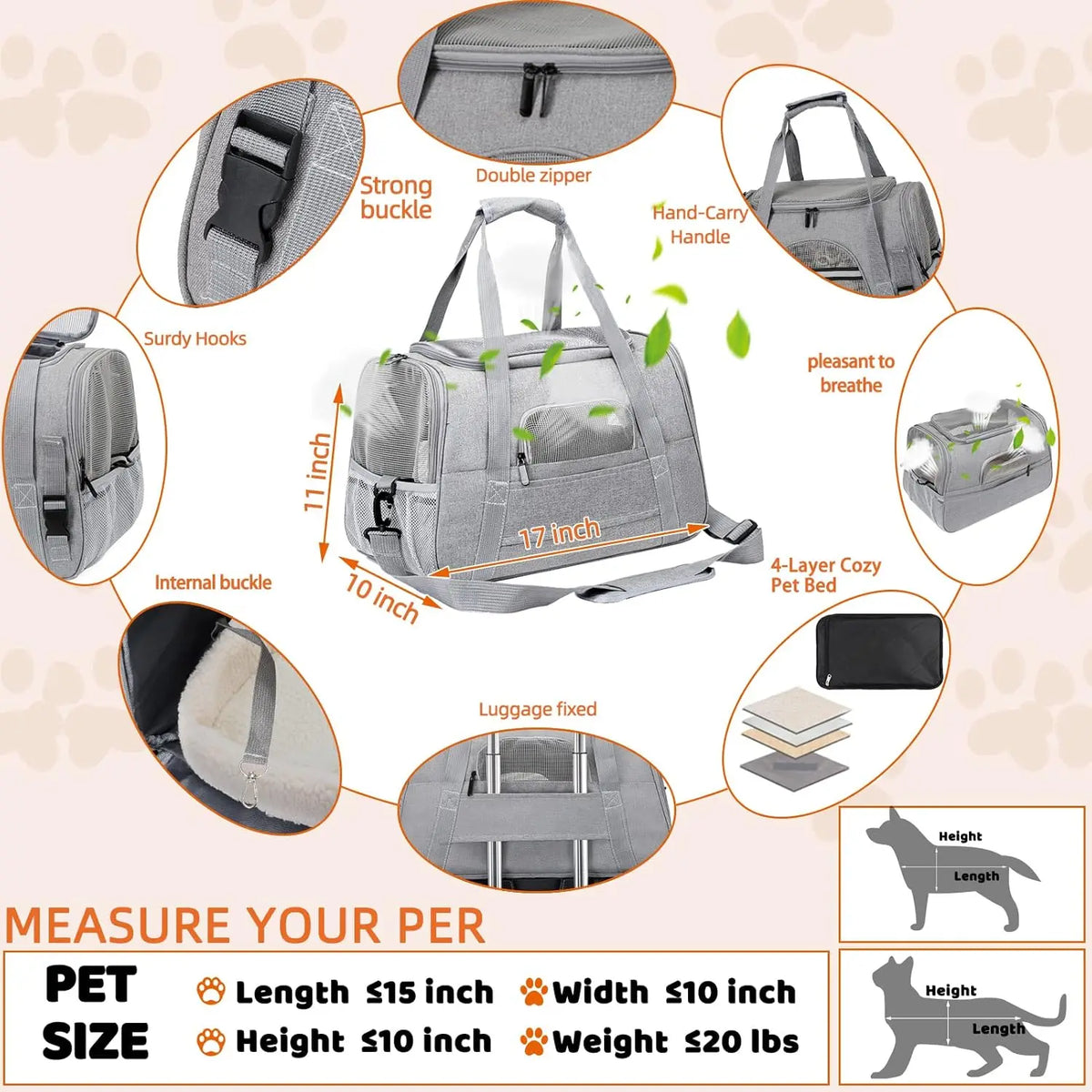 Pet Carrier Bag Airline Approved Up for Cats and Dogs Up to 20LBs, Soft Cat Carrier Dog Carrier Travel Kitten Carrier with Mat