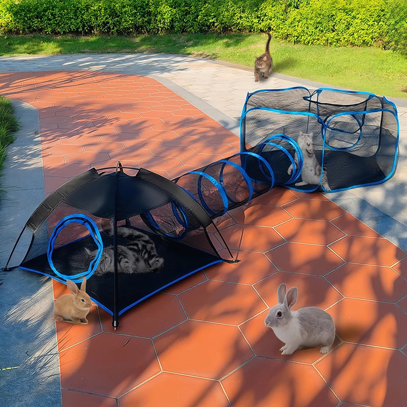 1 Pack Multi-Entrance Cat Play Tent Tunnel, Breathable Mesh Pet Playpen, Foldable Indoor Outdoor Enclosure