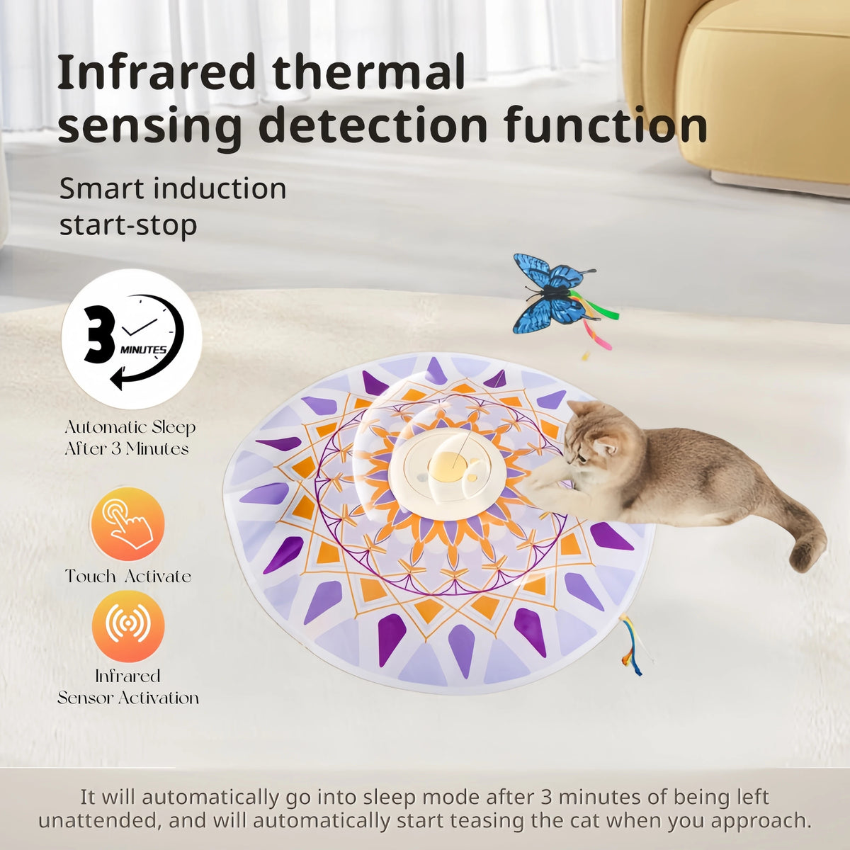 USB Rechargeable Interactive Cat Teaser Toy 3-in-1 with 360° Rotating Feathers Mandala Pattern Plastic Design 1200mAh Battery Ca