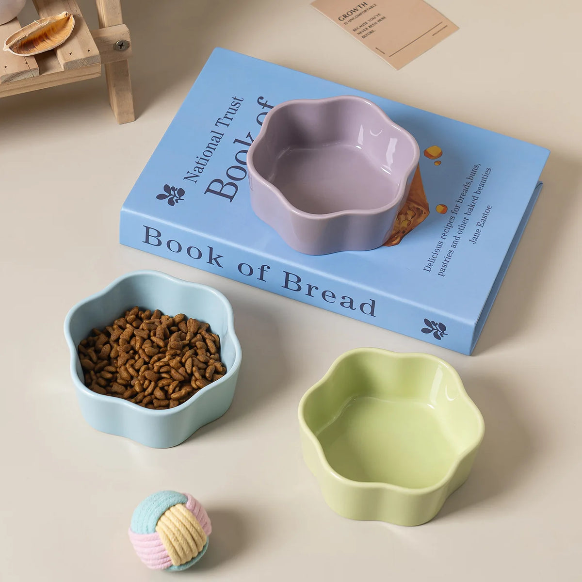 Morandi Color Flower Ceramic Cat Bowl - Anti Black Chin Pet Food Water Dish, Easy Clean Smooth Glaze Dog Bowl for Small Pets