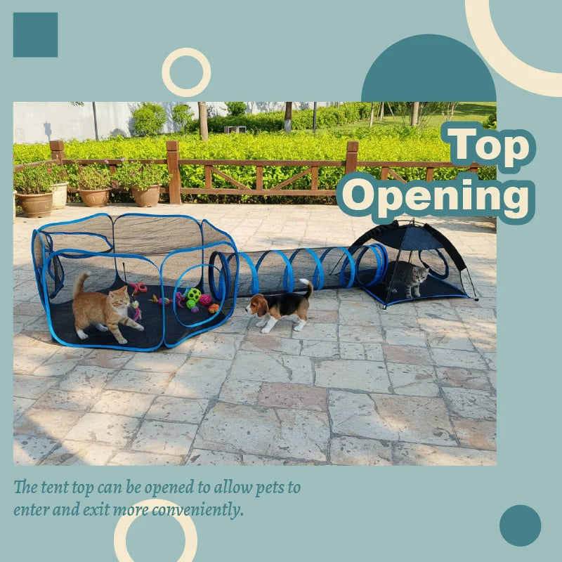 1 Pack Multi-Entrance Cat Play Tent Tunnel, Breathable Mesh Pet Playpen, Foldable Indoor Outdoor Enclosure