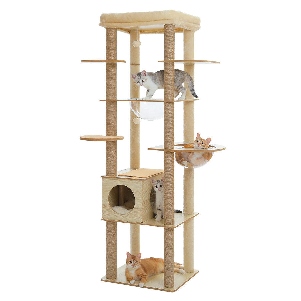 Multi-Level Cat Tree for Indoor Wood Cat Tower with Scratching Posts Spacious Condo Hammock Top Perch Cat Scratcher Cat Toys