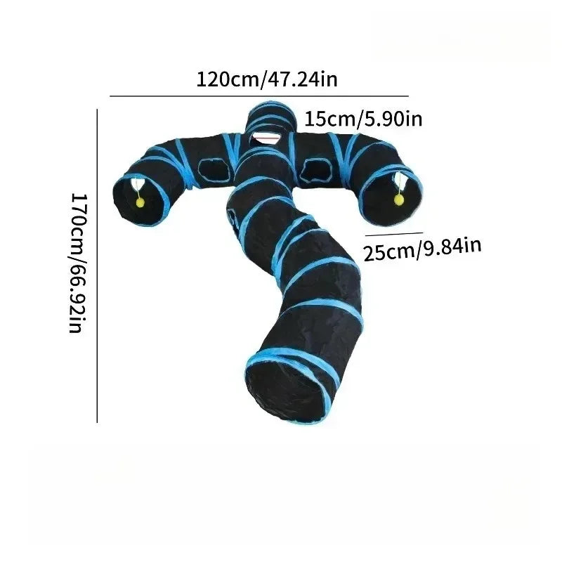 Blue Three Ways Pet Play Tunnel Cubes Foldable Drill Barrel Bending Cat Kitty Indoor Tent Kitty Training Interactive Fun Toy