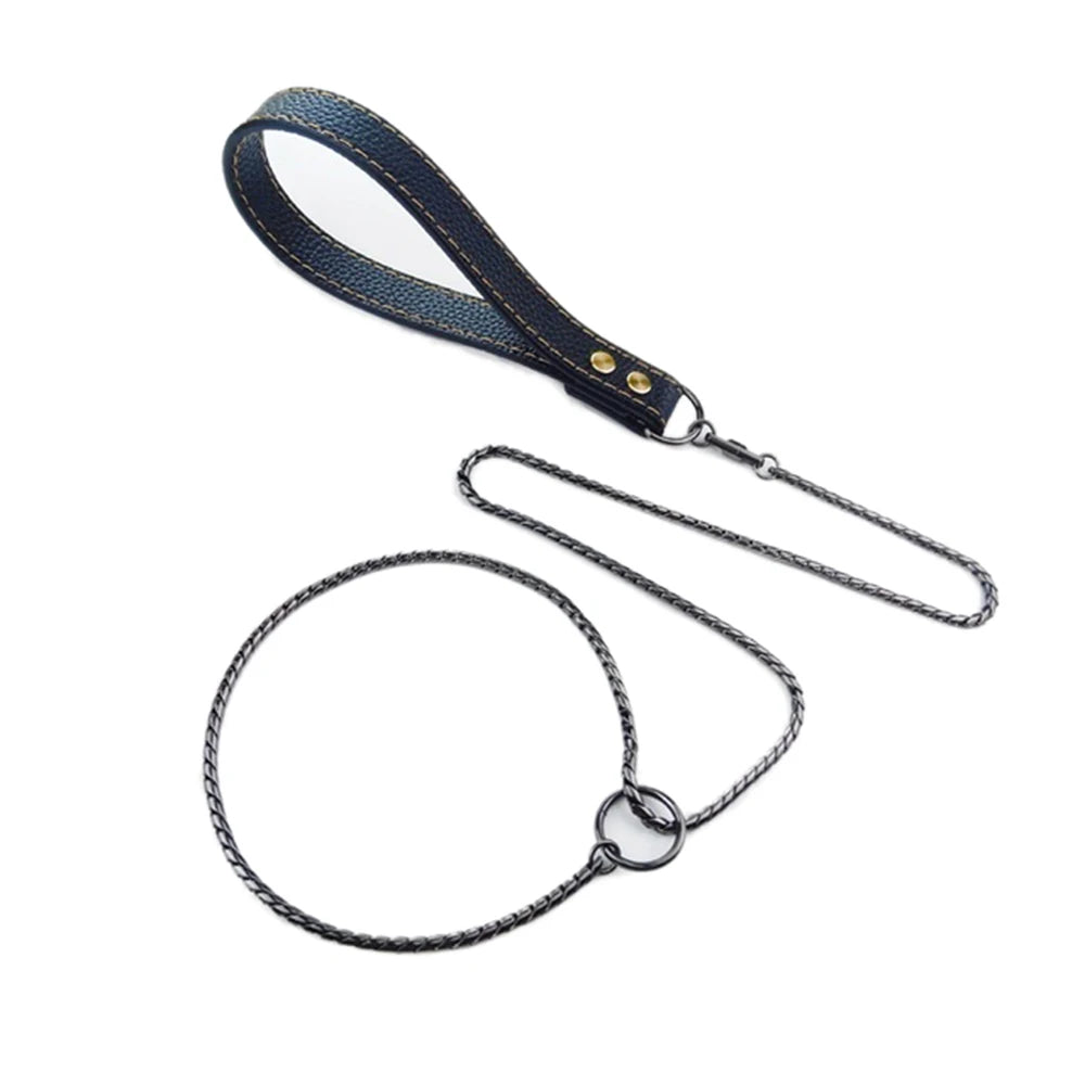 Integrated Dog Slip Chain Collar Leash 304 Stainless Steel Dog Metal Choke Collar Pet Training Leash Show with Leather Handle