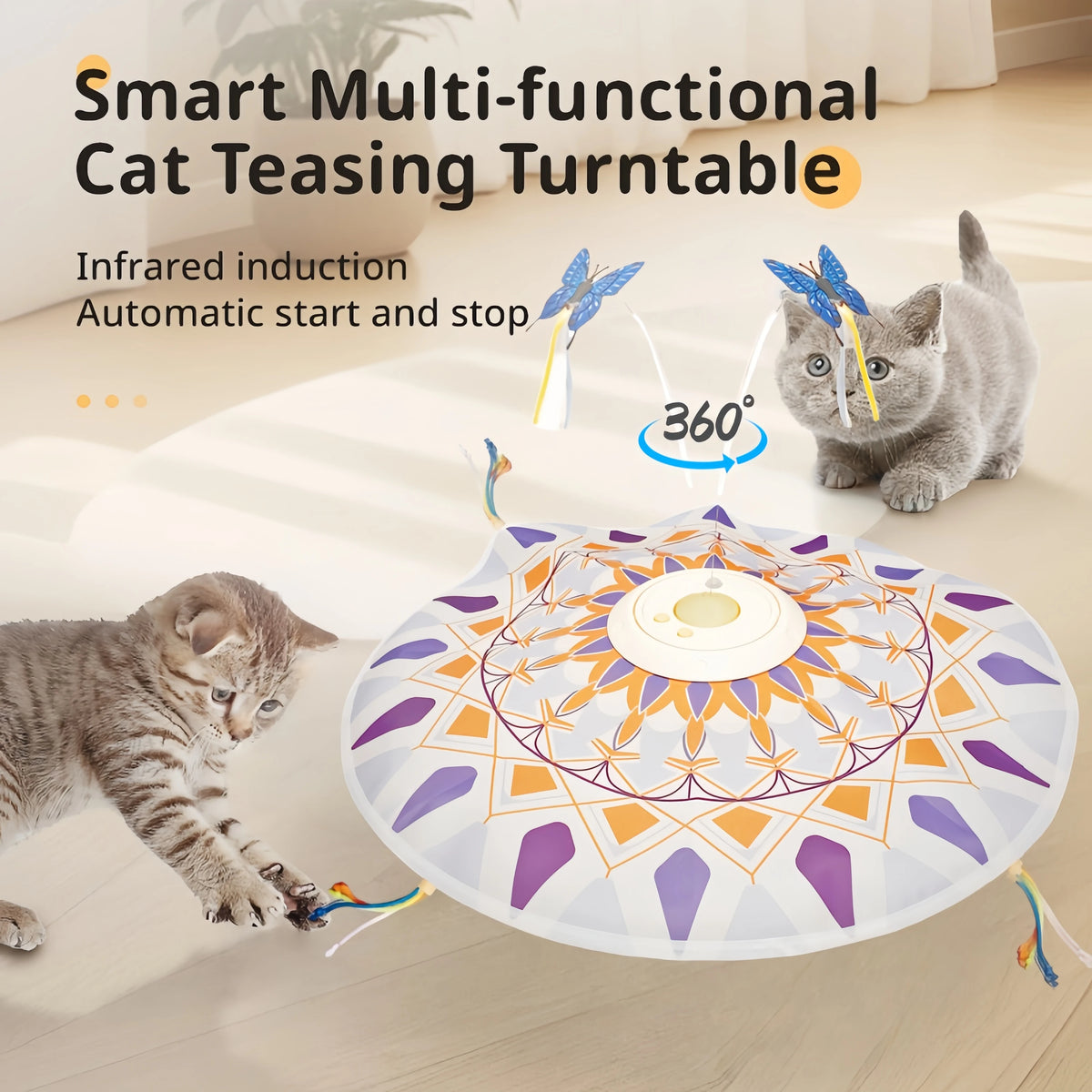 USB Rechargeable Interactive Cat Teaser Toy 3-in-1 with 360° Rotating Feathers Mandala Pattern Plastic Design 1200mAh Battery Ca