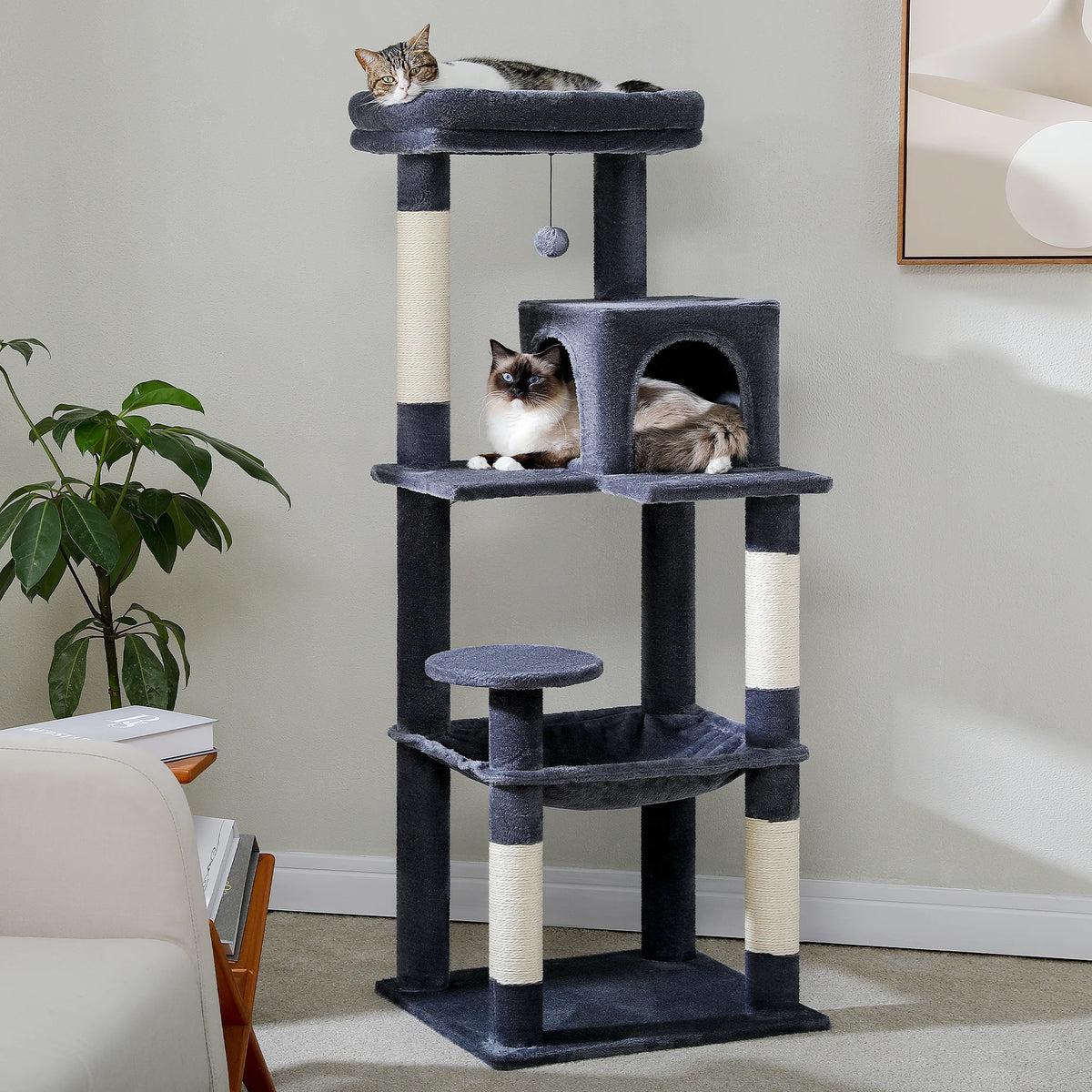 Cat Tree for Indoor Cats 5-Level Cat Tower for Large Cats with Large Hammock Sisal Covered Scratching Posts Cozy Condo Top Perch