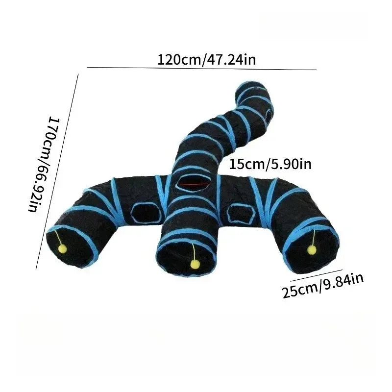 Blue Three Ways Pet Play Tunnel Cubes Foldable Drill Barrel Bending Cat Kitty Indoor Tent Kitty Training Interactive Fun Toy