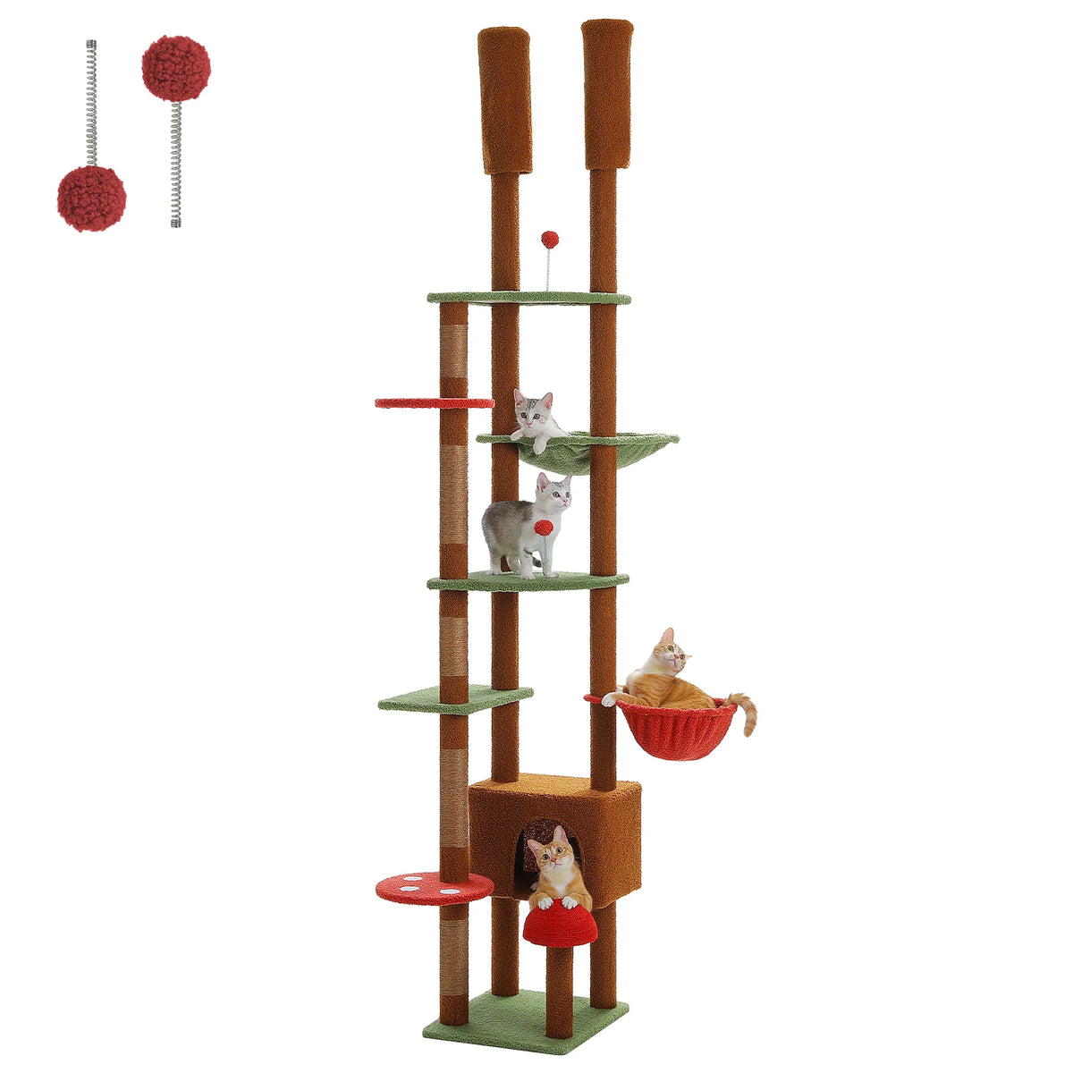 Height Adjustable Wooden Cat Tree with Large Hammock Sisal Scratching Posts Floor to Ceiling Cat Tower Cozy Cat Condo for Indoor