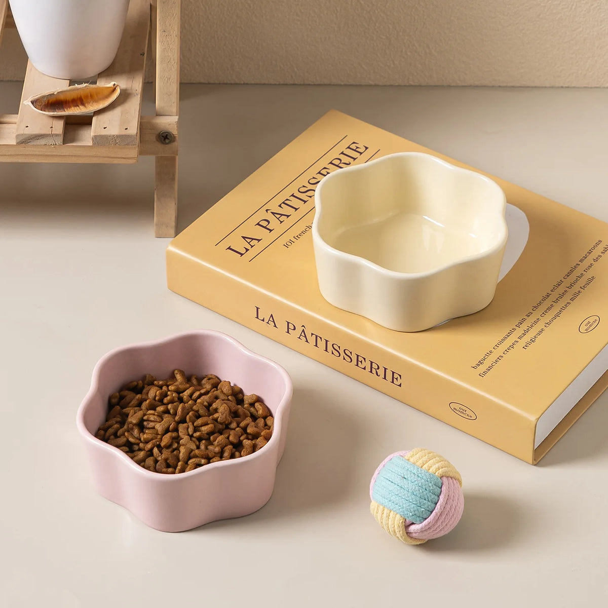 Morandi Color Flower Ceramic Cat Bowl - Anti Black Chin Pet Food Water Dish, Easy Clean Smooth Glaze Dog Bowl for Small Pets