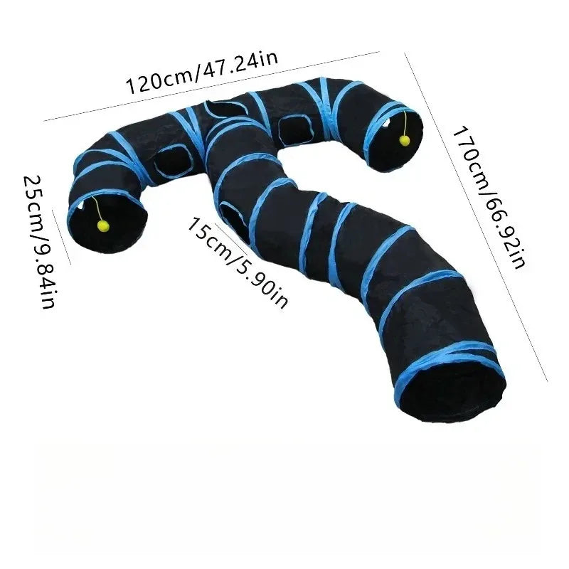 Blue Three Ways Pet Play Tunnel Cubes Foldable Drill Barrel Bending Cat Kitty Indoor Tent Kitty Training Interactive Fun Toy