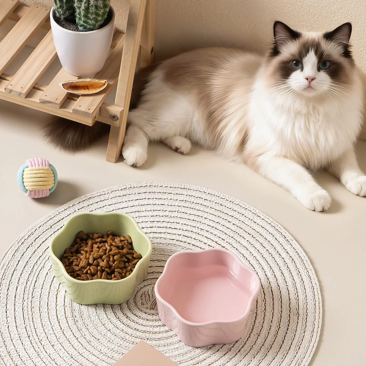 Morandi Color Flower Ceramic Cat Bowl - Anti Black Chin Pet Food Water Dish, Easy Clean Smooth Glaze Dog Bowl for Small Pets