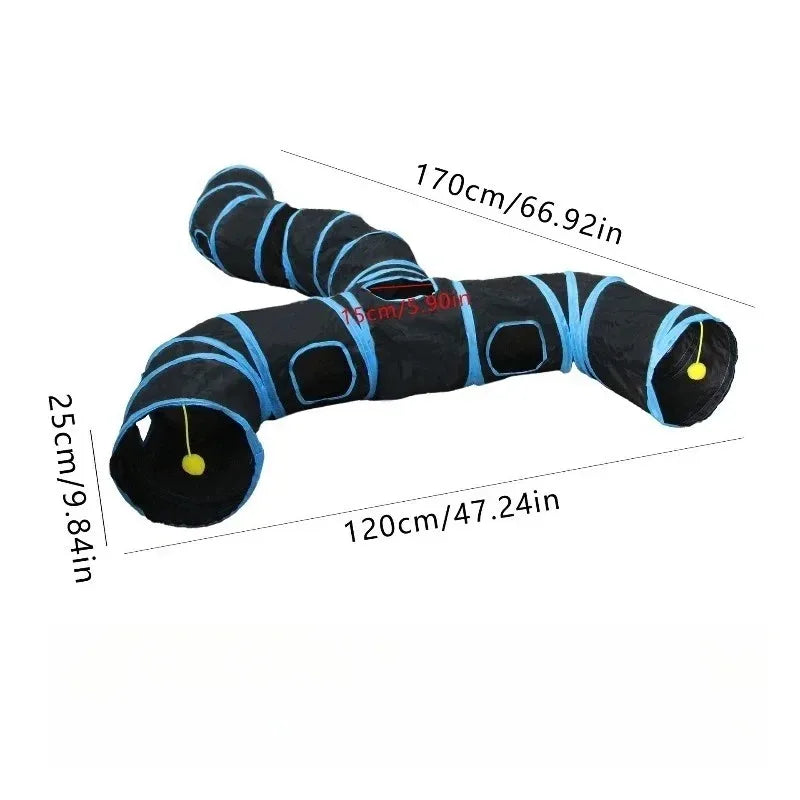 Blue Three Ways Pet Play Tunnel Cubes Foldable Drill Barrel Bending Cat Kitty Indoor Tent Kitty Training Interactive Fun Toy