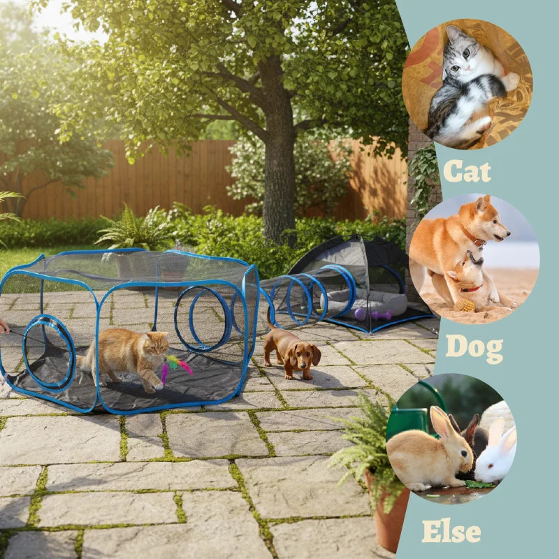 1 Pack Multi-Entrance Cat Play Tent Tunnel, Breathable Mesh Pet Playpen, Foldable Indoor Outdoor Enclosure